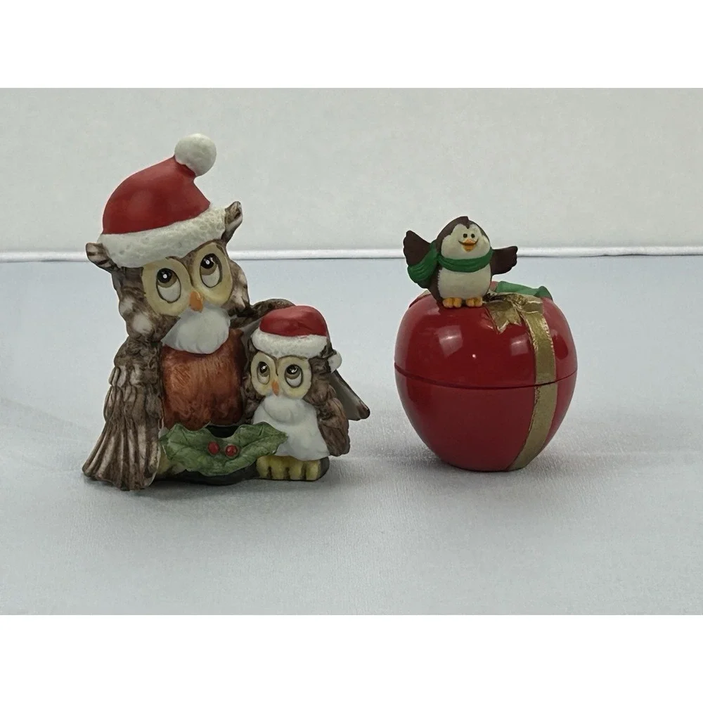 Vintage 1987 Hallmark Christmas Owl Trinket Box Lefton Owl Figurine Lot